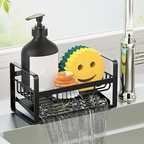 Kontoyo Sponge Holder for Kitchen Sink,Stainless Steel Kitchen Sink Organizer with Auto Draining Tray,Kitchen Countertop Soap Dispenser Organizer,Black - Image 1