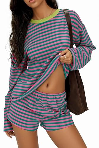 Opemiby Women 2 Piece Short Sets Outfit Casual Striped Long Sleeve Sweatshirt and Shorts Matching Lounge Set with Pocket - Image 1