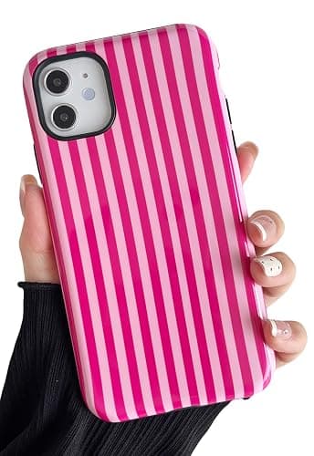 Longlayss Compatible with iPhone 12/12 Pro Case Cute Striped Phone Case | Cute Aesthetic Stripes Phone Cover for Women Girl Shockproof Slim TPU and Hard PC Protective Cover (Hot Pink) - Image 1