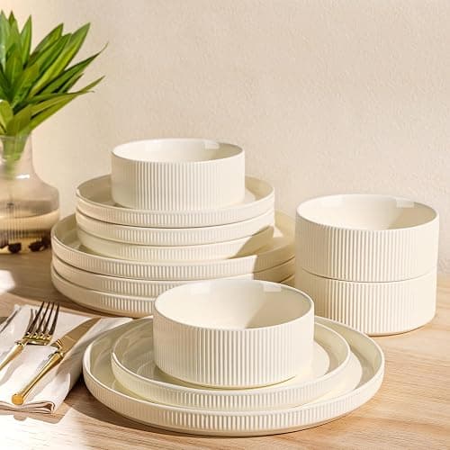 TheTerra Ceramic Dinnerware Sets for 4, 12 Pieces Porcelain Lightweight Plates and Bowls Sets, Scratch Resistant Dish Set, Oven & Microwave & Dishwasher Safe, Beige - Image 1