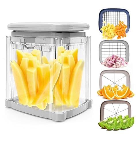 Pommes Frittierschneider 4 in 1 - Kartoffelschneider für Pommes Frites, Zwiebelwürfel, Lebensmittelzerkleinerer & Apfelschneider - Manueller Hand-Gemüseschneider mit 4 Klingen - Image 1
