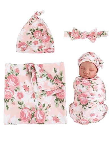 Aori Reborn Baby Doll Accessories Clothes Newborn Receiving Blanket with Headband and Hat Set Baby Swaddle Floral 3-Piece Swaddle Nursery Swaddle Wrap for 17-20 inch Reborn Doll - Image 1