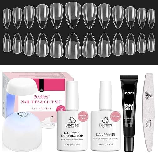 Beetles Gel Nail Kit Short Almond Gift Spree, with Dehydrator and Primer, 576Pcs Half Matte Etch-X Gel Nail Tips Solid Nail Glue Mini Lamp Acrylic Tips Easy DIY Extension Set Gift for Women - Image 1