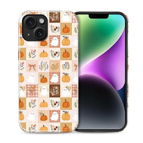for iPhone 14 Case Cute - Dual-Layer Hard Shell + Silicone Cover - Aesthetic Protective Phone Case for Women Girls -Ghost Pumpkin Fall Patchwork - Image 1