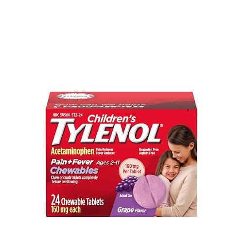 Children's Tylenol Chewables, 160 mg Acetaminophen, Grape, 24 ct | Pain Reliever & Fever Reducer, Cold + Flu Symptoms, Headache, Sore Throat & Toothache - Image 1