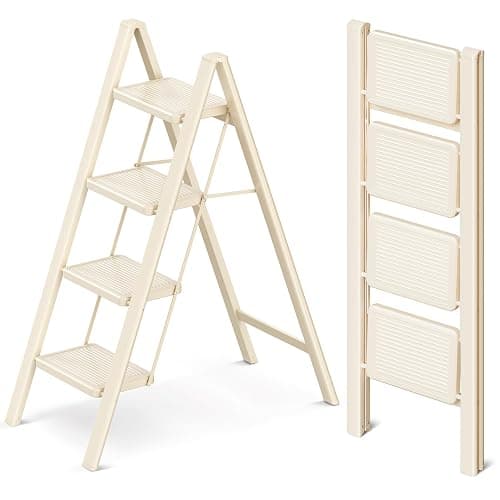 GameGem 4 Step Ladder Folding Step Stool with Wide Anti-Slip Pedal, 330LBS Capacity, Lightweight Portable Stepladder for Home and Kitchen Use, Cream White - Image 1