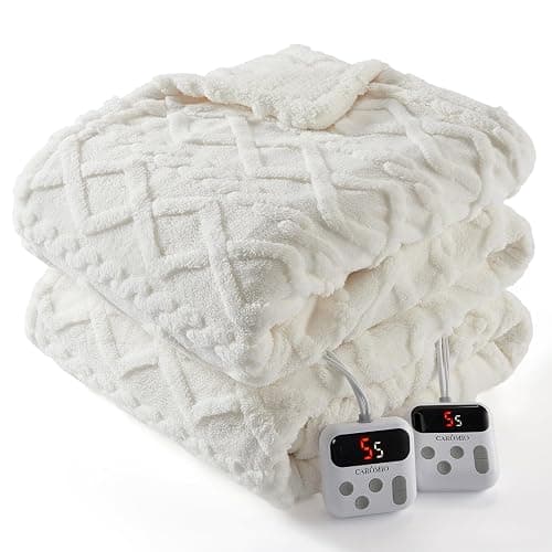 CAROMIO Electric Blanket King Size Dual Control - Thick Tufted Sherpa Heated Blanket with 10 Heating Levels and 10 Time Settings, ETL Certified Fast Heating Blankets King Size 90"×100", White - Image 1
