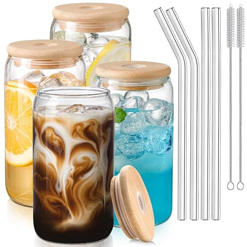 myhtgd Iced Coffee Cup,Glass Cups with Lids and Straws,Drinking Glasses with Bamboo Lids and Glass Straw 4Pcs Set - 16Oz,Smoothie Cup,Beer Glasses,Clear Cute Tumbler Cup,Smoothie Cup - Image 1