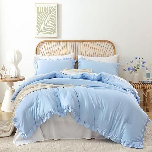 JANZAA Ruffle Light Blue Comforter Set Queen Size Comforter 3PCS 1 Emerald Comforter and 2 Pillowcases Vintage Farmhouse Shabby Chic Bedding Soft Fluffy Comforter Set All Season (Light Blue, Queen) - Image 1
