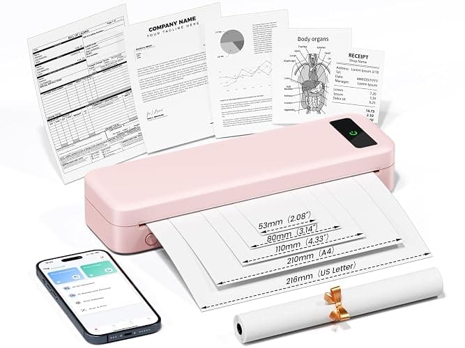 Portable Printers Wireless for Travel, A285M Bluetooth Inkless Thermal Printer Support 8.5" X 11" & A4 Thermal Paper, Small Mobile Printer Compatible with iPhone Android Laptop for Home Receipt, Pink - Image 1