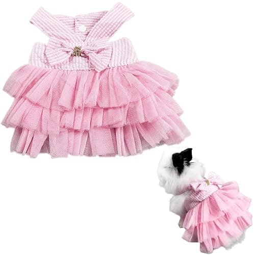 Rabbit Dress Bunny Costume Clothes Skirt Daily Wear Cloth for Small Cat Dog Puppy Chinchilla Guinea Pig, Small Animal Dress for Party Photo (Striped Pink,M) - Image 1