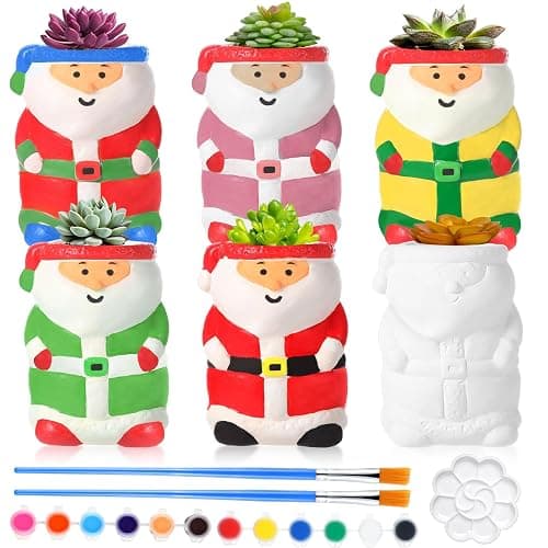 Pasimy 6 Set DIY Ceramic Succulent Planter Pots Paint Your Own Flower Pots Craft Kit Unpainted Bisque Paintable Flowerpot with Brush Palette Ready to Paint for Family Activity Gift(Santa) - Image 1