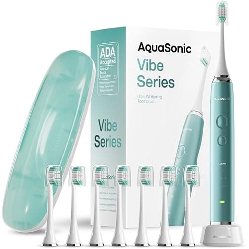 Aquasonic Vibe Series Ultra-Whitening Toothbrush – ADA Accepted Power Toothbrush - 8 Brush Heads & Travel Case – 40,000 VPM Motor & Wireless Charging - 4 Modes w Smart Timer – Mint Green Metallic - Image 1