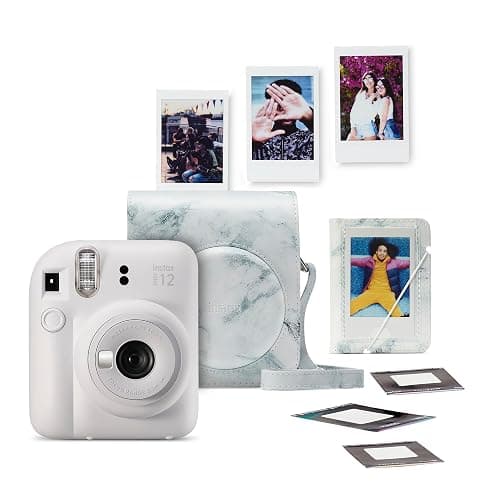 instax mini 12 instant camera bundle,pack contains; Camera, Ready-to-take camera case, mini photo albu in white marble finish, 1 x 10 shot mini white border instant film, photo stickers - Image 1
