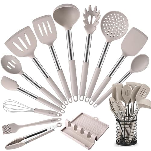 HOTEC 446°F Heat Resistant Silicone Kitchen Utensils, Cooking Utensil Set, Spatula Set, BPA Free, Kitchen Gadgets, With Stainless Steel Utensils Holder, Dishwasher Safe 14pcs Khaki - Image 1