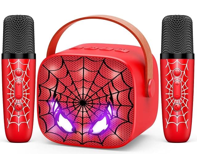 Mini Karaoke Machine Toys Gifts: Kids Toys Easter Birthday Gifts for 4 5 6 7 8 9 Years Old Girl Boy LED Portable Bluetooth Speaker with 2 Wireless Microphone Girl Boy Kid Adult Gift Toy Age 3-12+ - Red - Image 1