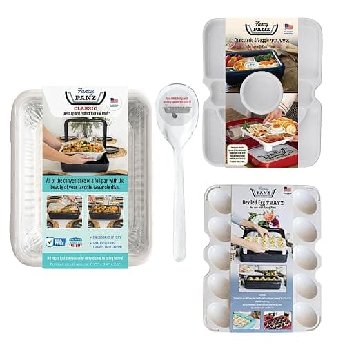Fancy Panz- Limited-Edition Bundle - White Classic Aluminum Foil Pan Carrier with Lid + Deviled Egg + Charcuterie Insert - Food Serving Tray - Portable Casserole Carrier with Lid - Made in The USA - Image 1