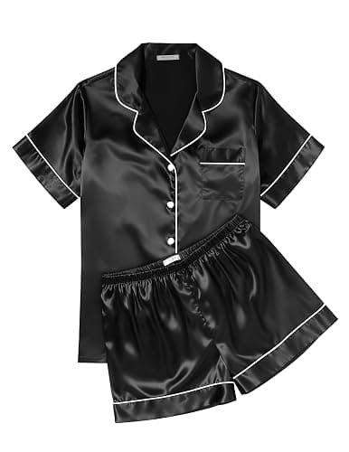 Ekouaer Womens Silk Satin Pajama Sets Soft Short Sleeve Button Down Sleepwear Top and Shorts 2 Piece Pjs Lounge Set S-XXL - Image 1
