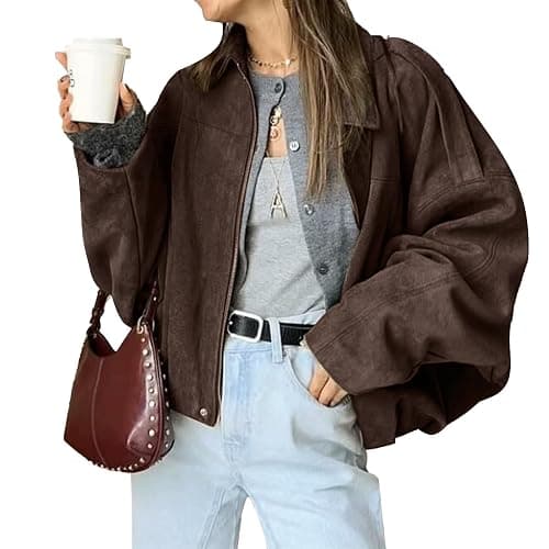 HOTIAN Women's Faux Suede Bomber Jacket Zipper Pilot Coat Casual Lapel Oversized Long Sleeves Y2K Outerwear Coats - Image 1