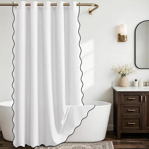 Furlinic Scalloped Shower Curtain No Hook 96 Inch White Linen Fabric Waterproof Extra Wide Wrap Around Curtain, Vintage Modern Bright Heavy Hotel Neutral Textured Elegant Cloth Curtain W 96" x H 75" - Image 1