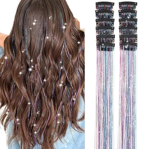 Hair Tinsel Pack of 12 Pcs Colorful Glitter Hair Accessories 20 Inch Clip in Hair Tinsel Extensions Fairy Hair Accessories Party Kit for Women Girls 12Pcs,Colorful# - Image 1