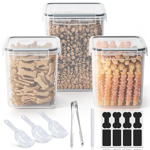 qeerable Airtight Dog Treat Container Set - Shatterproof Plastic Pet Treat Container with Scoops, Tongs & Labels - 3 Pack Clear Dog Cookie Jar for Kitchen Counter Organization & Freshness - Image 1