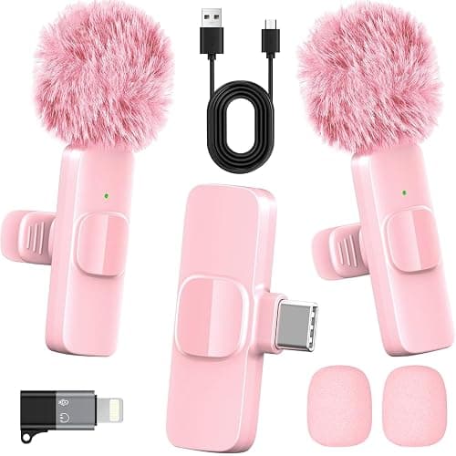 HONGJIEYUAN Pink Wireless Lavalier Microphone for iPhone & Android - Mini Clip-On Mic with Noise Cancellation, 65ft Range, 8H Battery, USB-C/Lightning - for TikTok, YouTube, Podcast, Live Streaming - Image 1