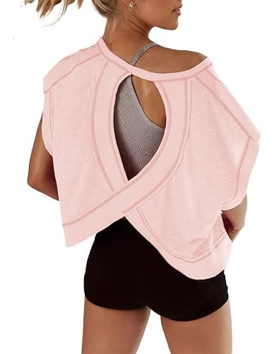 Fhniepan Open Back Tops for Women Oversized Short Sleeve Workout T Shirts Backless Y2k Athletic Crop Running Tees - Image 1