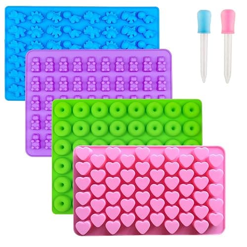 Gummy Bear Candy Molds Silicone, Gummy Molds with 2 Droppers, Non-stick Silicone Candy Molds Including Mini Dinosaur, Bear Shape, Hearts and Mini Donut, Set of 4 - Image 1