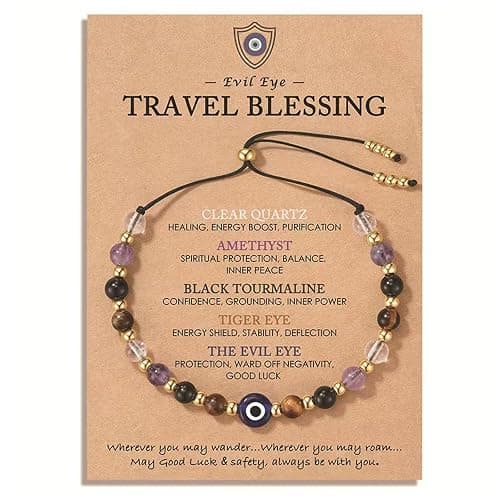 Evil Eye Bracelet, Adjustable Evil Eye Bracelet With 5 Natural Crystal Beads, Spiritual Protection Bracelet For Women And Men, Good Luck Stone Jewellery Gift With Meaning Card, Everyday Wear Meditatio - Image 1