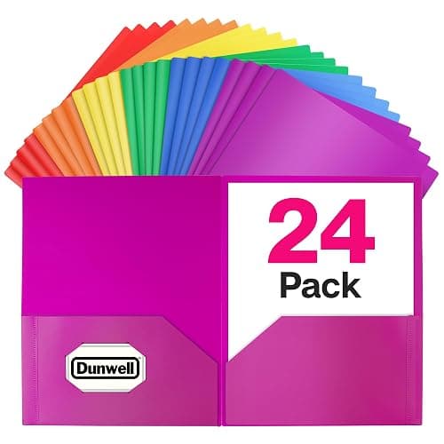 Dunwell Plastic 2-Pocket Folders (24 Pack, Assorted Colors), 8.5x11 Document Folders for School and Office, Heavy Duty Poly, Long Lasting, Includes Labels - Image 1