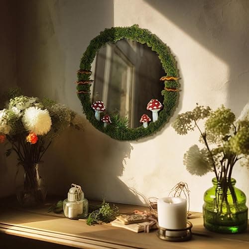 EVOLUX Wall Mirror Mushroom Decor Handmade Moss Round Hanging Mirror Cottage Core Wall Decor Room Decor Aesthetic(11'') Green,70-MGJ - Image 1