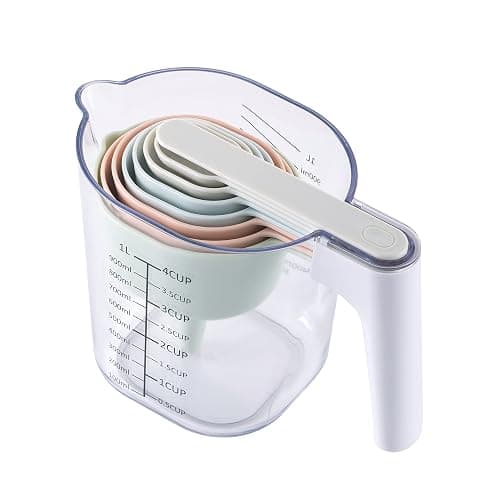 COOK WITH COLOR Measuring Cup Set - 9 PC. Nesting Stackable Liquid Measure Cup, Dry Measuring Cups and Spoons with Funnel and Scraper - Nesting Measuring Cups that Click Together for Easy Storage - Image 1