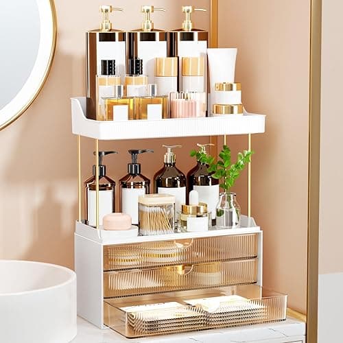 StorBin 3 Drawers Makeup Organizer - 5 Tier Bathroom Counter Organizers and Storage, Versatile Perfume Vanity Organizer, Ideal for Cosmetic, Large Skincare, Face Mask, Office Supplies, Amber - Image 1