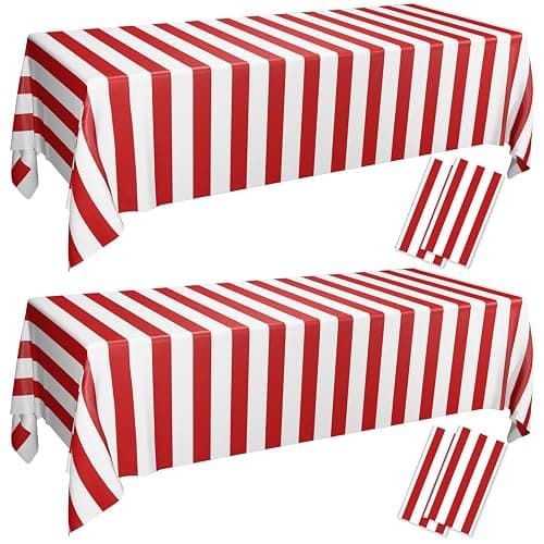 12 Pcs Carnival Tablecloths, Red and White Stripe Tablecloths, Red Plastic Table Cover, Circus Theme Party Decorations for Carnival, Movie Night, Kid's Birthday, Christmas (12, Red, 51'' x 86'') - Image 1
