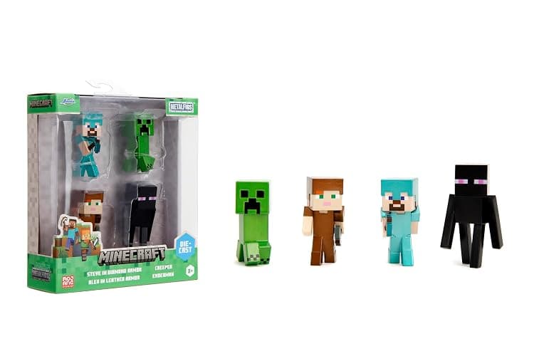 Jada Minecraft 2.5" MetalFigs 4-Pack - Includes Steve in Diamond Armor, Alex in Leather Armor, Enderman & Creeper - Image 1