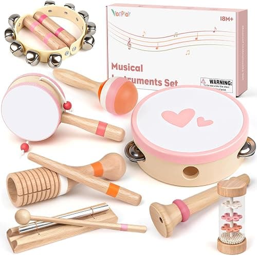 Musical Toys for 2 3 Year Old Girl Birthday Gifts, Wooden Montessori Toys for 2 Year Old, 8 in 1 Musical Instruments for Toddlers with Drum/Hand Bells/Flute/Maracas, Preschool Toys for Baby 18+ Months - 8 - Piece Pink Wooden Set - Image 1