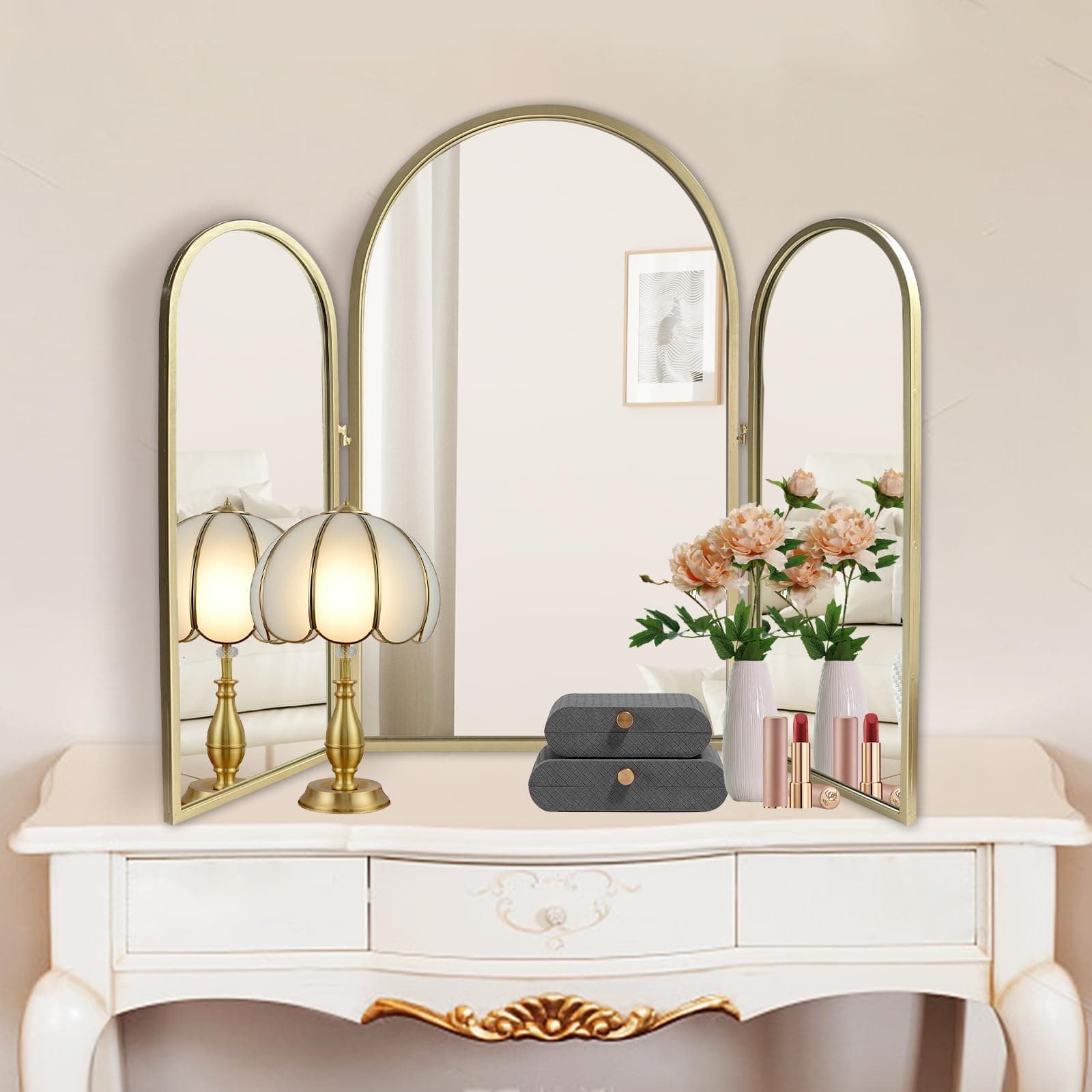 Trifold Vanity Mirrors 3 Way, 30 x 37in Adjustable Vanity Mirrors for Bathroom, Bedroom, Champaign Golden Arch Mirrors Wall Mounted Decoration, Braiding Hair, Makeup 360° Way - Image 1