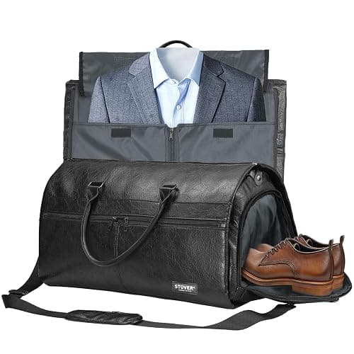 STOVER Garment Travel Duffle Bag, Large 2-in-1 Convertible Carry-on Luggage for Men & Women- Hanging Suits, Dresses & Clothes + Shoe Compartment- Weekender Tote Combo Duffel (Black Leatherette) - Image 1