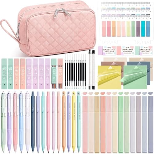62PCS Aesthetic School Supplies with Cute Pencil Case, Pastel Highlighters Black Ink Gel Pens Mechanical Pencils Kit, Back to School Supplies College Essentials Preppy Stationary Set for Student Girls - Pink - Image 1