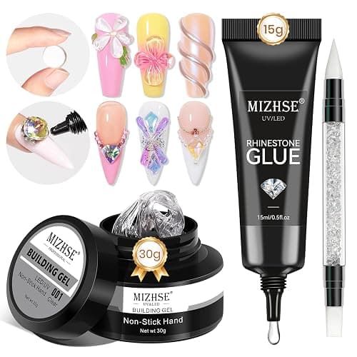 MIZHSE 30g Solid Builder Gel for Nails and 15g Rhinestone Glue, Clear Hard Nail Builder Gel 3D Sculpting Gels Non-Sticky U V LED Nails Charm Glue 3D Art Salon Home DIY - Image 1