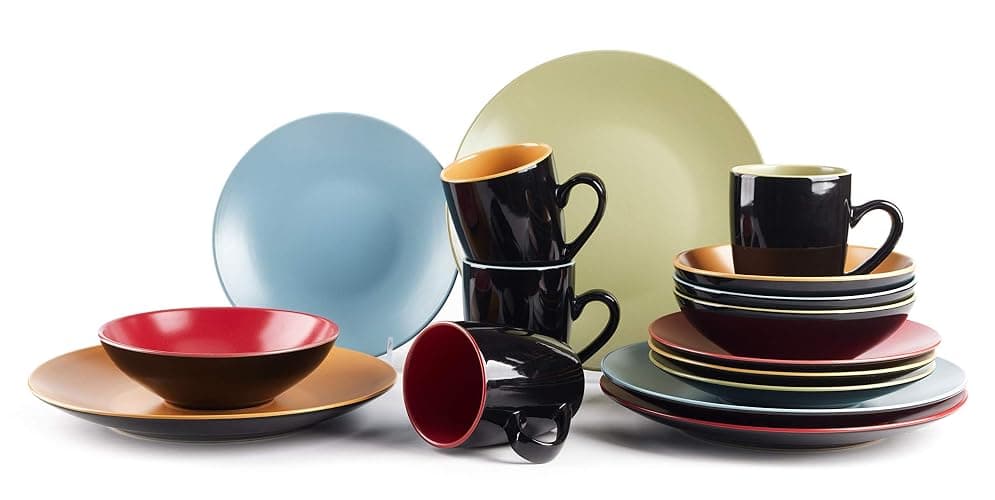 HomeVss Stoneware Two-Tone Colors Life 16pc Dinnerware Set,Outside Shinny Black + Inside Matte Finished Very Funny - 4 Assorted Colors Turquoise, Olive, Curry and Red - Image 1