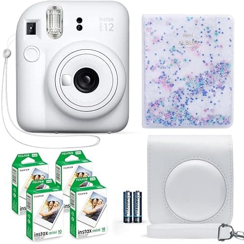 Fujifilm Instax Mini 12 Instant Camera Clay White + Fuji Film Value Pack (40 Sheets) + Shutter Accessories Bundle, Incl. Compatible Carrying Case, Quicksand Beads Photo Album 64 Pockets - Image 1