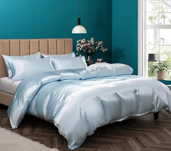 P Pothuiny 3 Pieces Satin Duvet Cover Twin/Twin XL Size, Luxury Silky Like Baby Blue Duvet Cover Bedding Set with Zipper Closure, 1 Duvet Cover + 2 Pillow Cases (No Comforter) - Twin/Twin XL - Baby Blue (No Comforter) - Image 1