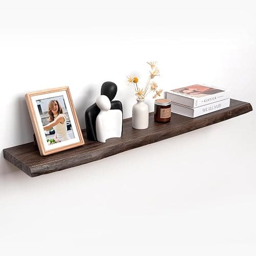 48" Rustic Elm Wood Floating Shelves for Wall, 9.3 Inch Deep Live Edge Wall Shelves for Storage, Wall-Mounted Display Shelves with Invisible Bracket for Living Room Bedroom Kitchen, Set of 1, Walnut - Walnut - 48inch, set of 1 - Image 1