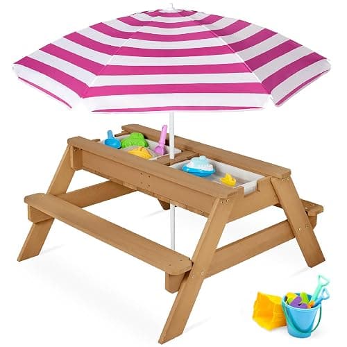 Best Choice Products Kids 3-in-1 Sand & Water Table, Wood Outdoor Convertible Picnic Table w/Umbrella, 2 Trays, Removable Top, 220lb Capacity Per Bench - Natural/Dark Pink - Natural/Dark Pink - Image 1