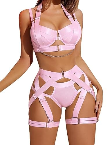 Avidlove Lingerie Set for Women Sexy Strappy Lingerie Underwire Push Up Bra Garter Set Lingerie with Chain - Small - Pink - Image 1
