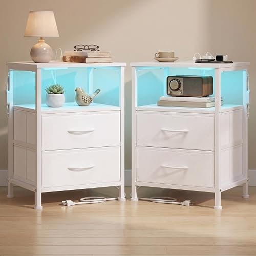 SONGMICS Nightstand with Charging Station, 2 Fabric Drawers | Set of 2 Bed Side Table, App-Controlled Adjustable LED Lights, Modern, Cloud White, BELLAH Collection ULGS202W101S - Image 1