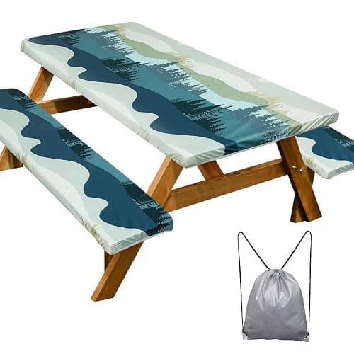 Picnic Table Cover with Bench Covers Camping Essentials Waterproof Windproof Camping Tablecloth with Drawstring Bag, Fitted Rectangle Tables and Seats, 72in, Green Blue - Image 1