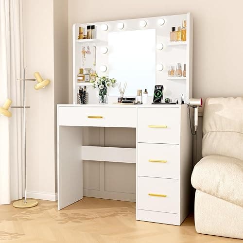 HABIUBIU 35” Small Vanity Desk with Mirror and Lights,10 Lights,3 Color Modes,Makeup Vanity Desk with 4 Storage Shelves 4 Drawers and Power Outlet,for Bedroom & Dressing Room,White vanitys - Image 1
